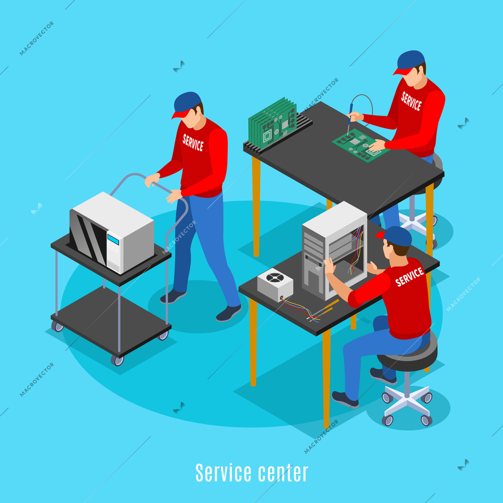 Service centre isometric background with view of people performing repairs of computer equipment and consumer electronics vector illustration