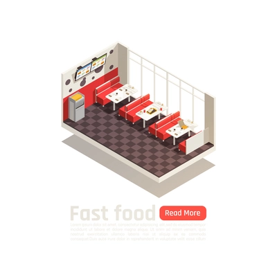 Fast food cozy eatery interior isometric poster with tables chairs and menu monitors vector illustration