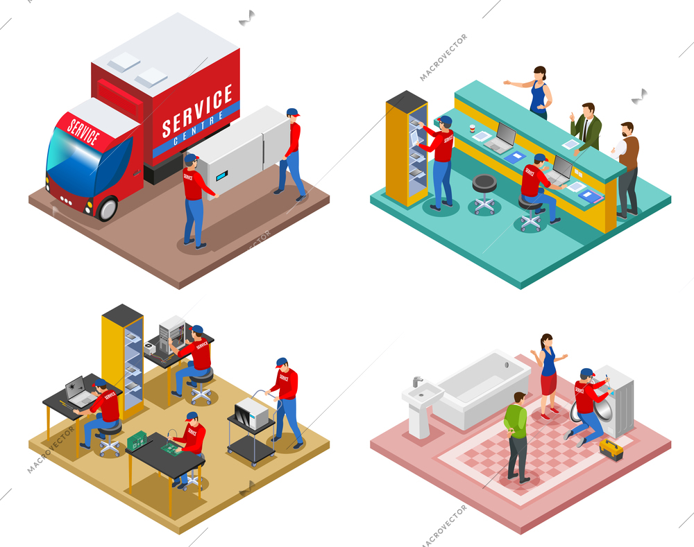 Service centre isometric 4x1 set of compositions with images representing different support services and aftersales assistance vector illustration