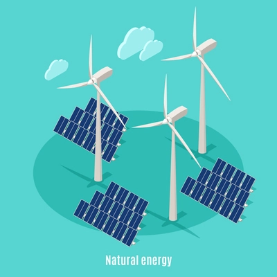 Smart urban ecology isometric background with text and images of windmills turbine towers and solar batteries vector illustration