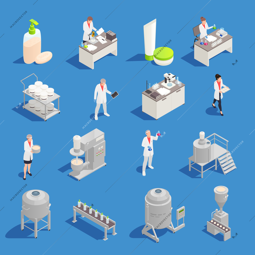 Cosmetics and detergent production isometric icons set with factory and laboratory equipment isolated vector illustration