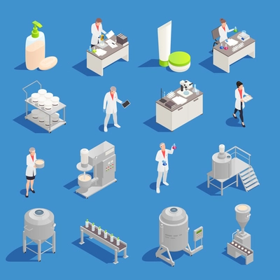 Cosmetics and detergent production isometric icons set with factory and laboratory equipment isolated vector illustration