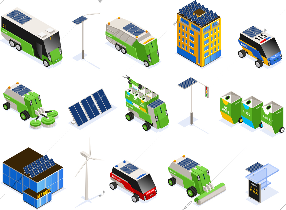 Set of isolated smart urban ecology isometric icons with futuristic transport units buildings and solar batteries vector illustration