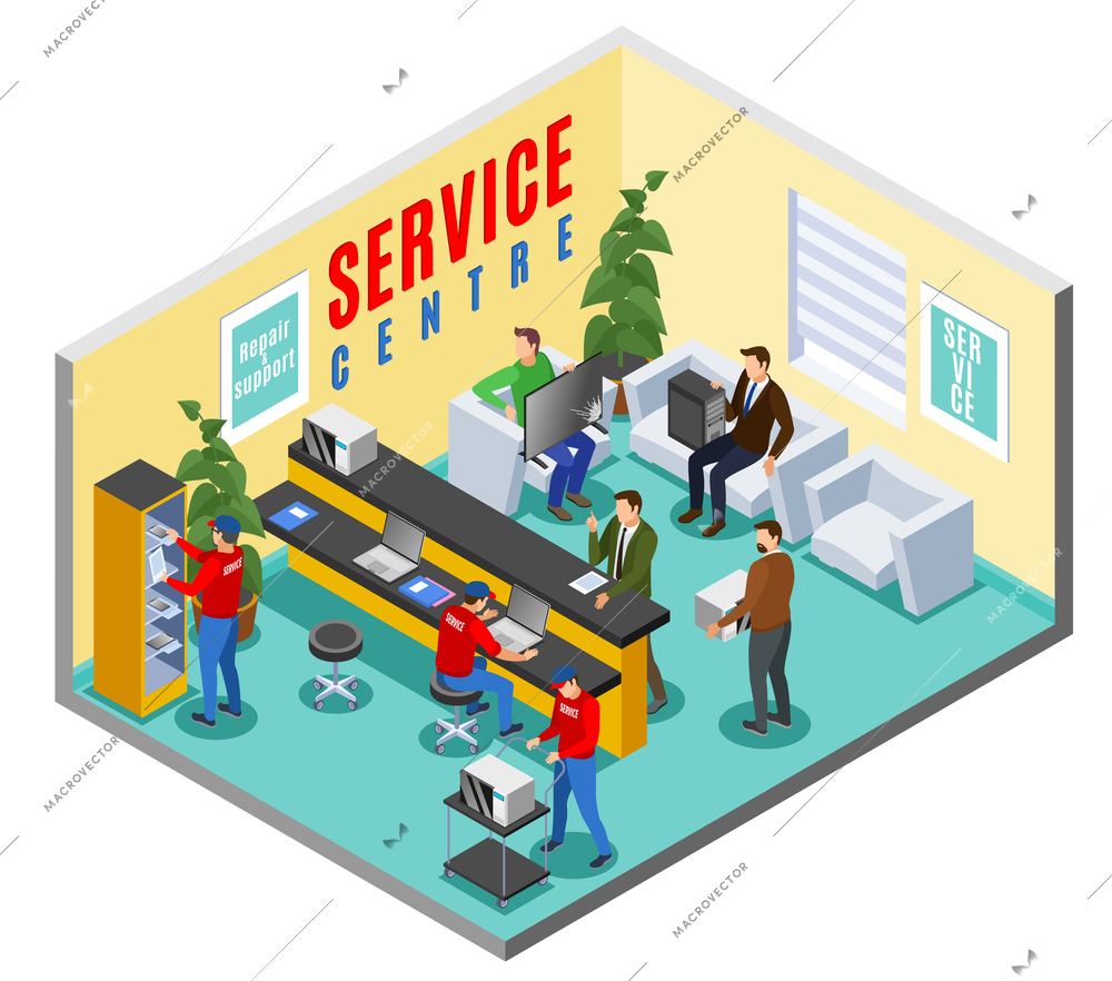 Service centre isometric indoor composition with office interior of repair shop reception area with human characters vector illustration