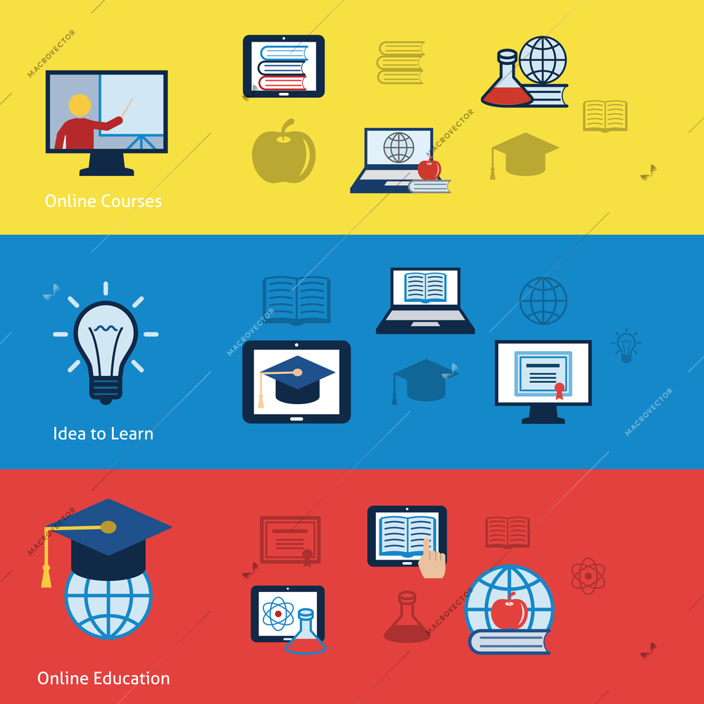 Set of banners  online education e-learning knowledge training school with flat icons vector illustration