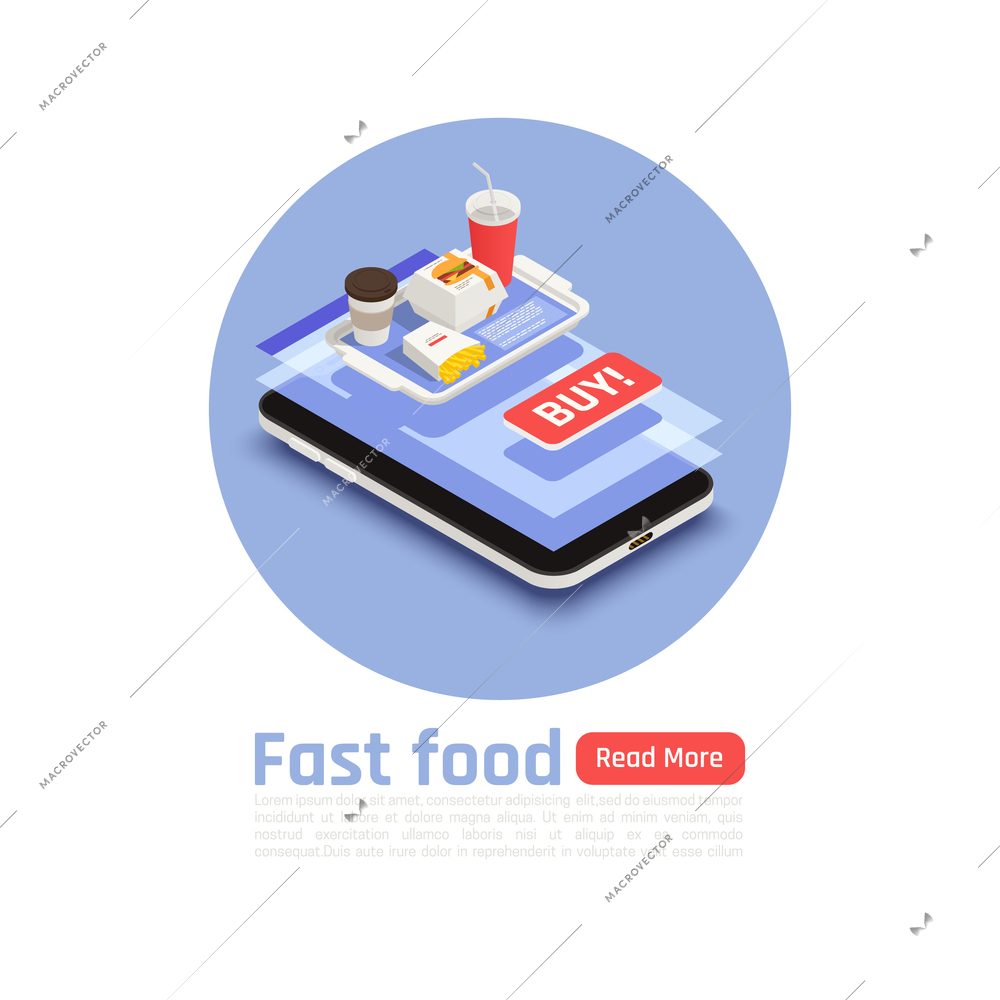 Fast food round design concept with tray of hamburger fried potatoes and coffee isometric vector illustration