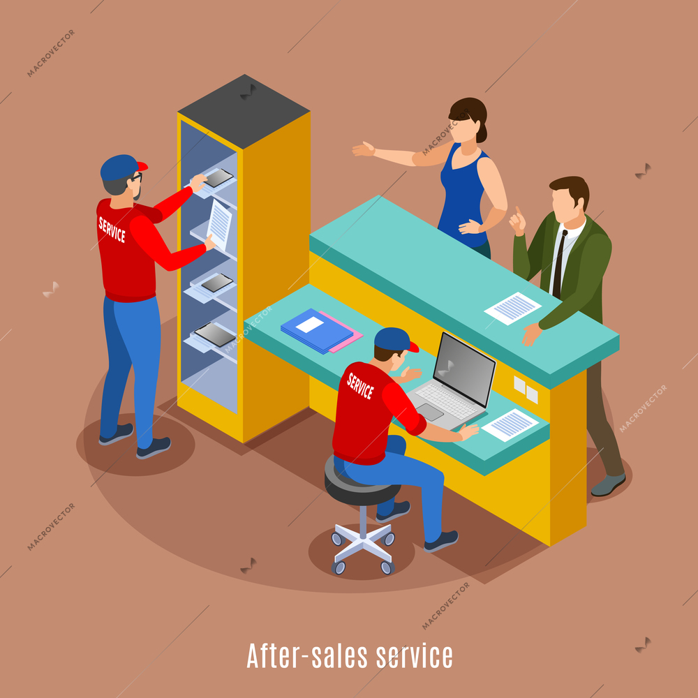Isometric background with pick-up point giveaway outlet office environment with text furniture and human characters vector illustration