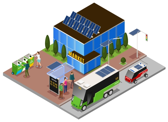 Smart urban ecology isometric composition with building solar batteries and refuse bins with electric omnibus stop vector illustration