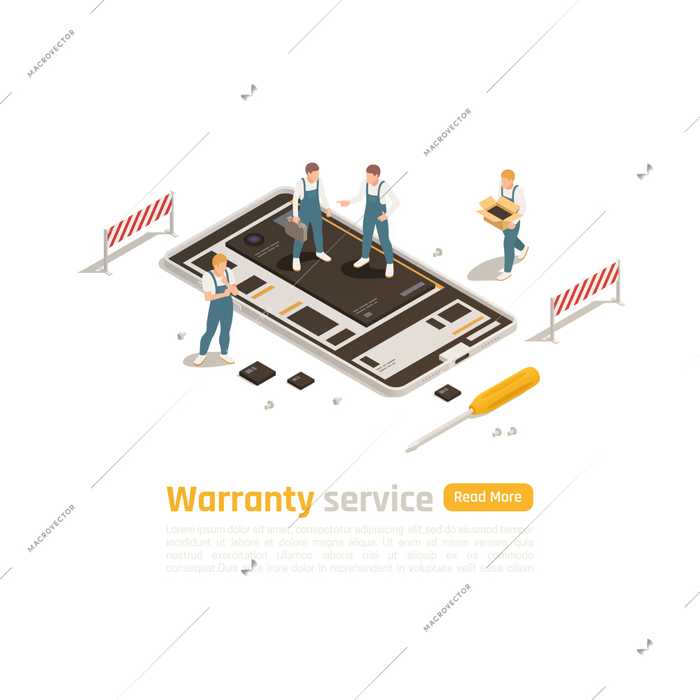 Warranty service isometric design concept with group of professionals engage in repair  and restoration electronic devices of high complexity vector illustration