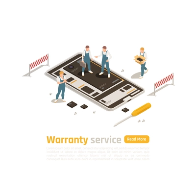 Warranty service isometric design concept with group of professionals engage in repair  and restoration electronic devices of high complexity vector illustration