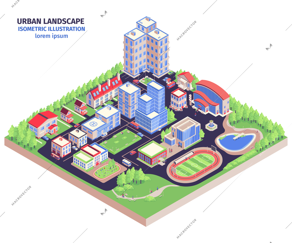 Isometric urban composition with modern city district landscape with low-rise buildings green zones and stadium vector illustration