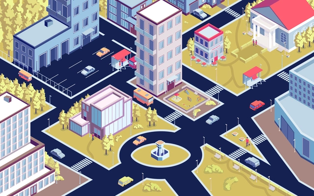 Isometric urban horizontal composition with birds eye view of modern city district with streets and buildings vector illustration