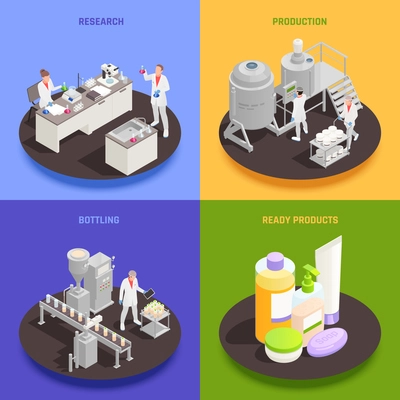 Cosmetics 2x2 design concept set of research production bottling and ready products square compositions isometric vector illustration