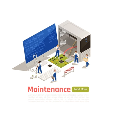 Maintenance isometric design concept with little technicians around big icon of disassembled system unit of broken computer vector illustration