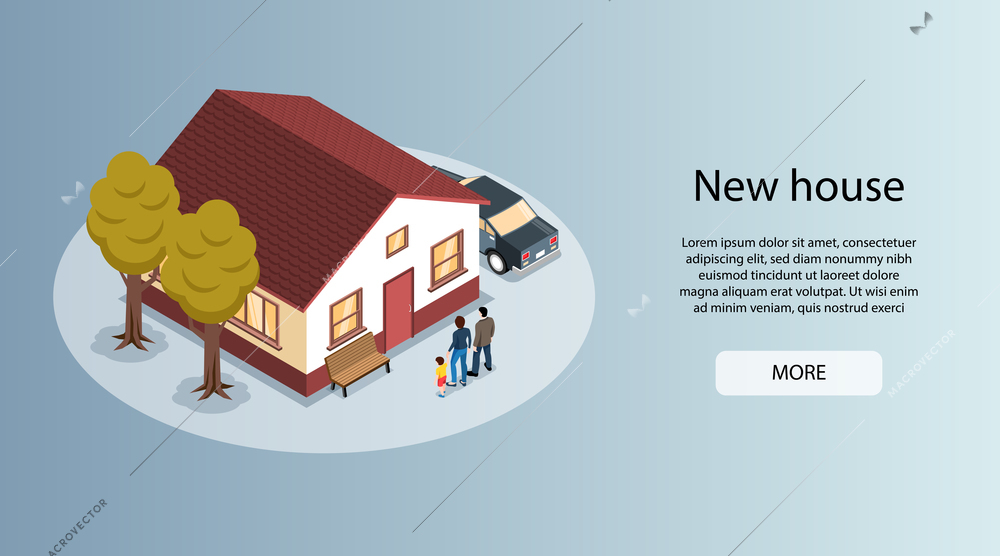 New home in city isometric horizontal real estate agents website banner with family house for sale vector illustration