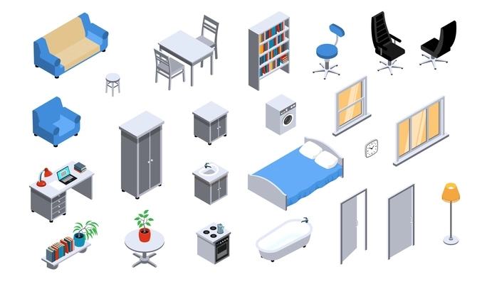 Interior objects appliances furniture lighting isometric icons set with sofa bed bookcase office chair oven vector illustration