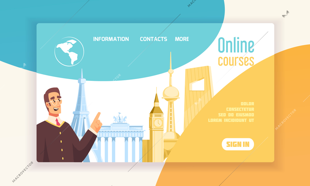 Language center online courses info flat web concept banner with big ben eiffel tower symbols vector illustration