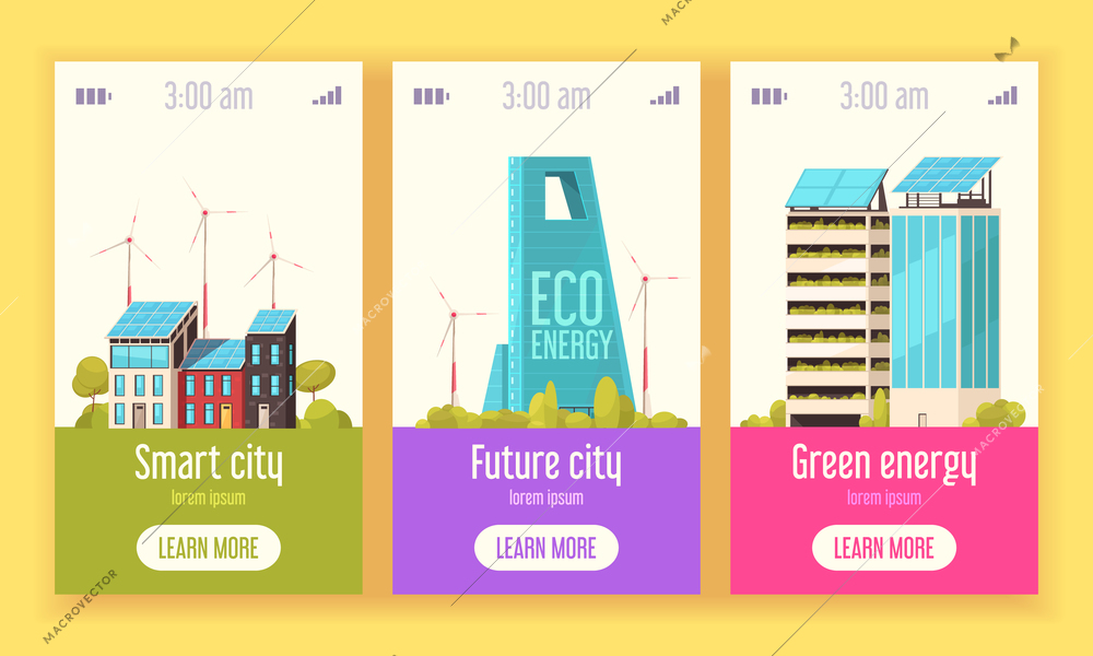 Smart city 3 flat vertical web banners with green energy wind and solar power systems vector illustration