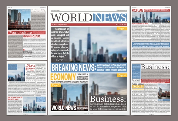 World news daily newspaper flat template with articles on economy business and culture themes vector illustration