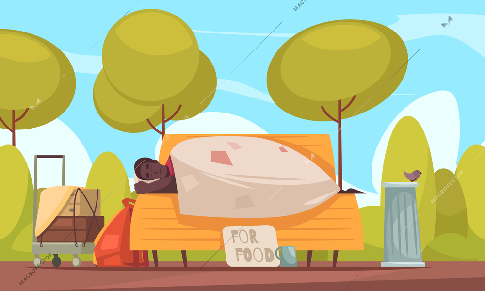 Poor homeless man sleeps outdoor on bench with beggars cup asking money for food flat banner vector illustration
