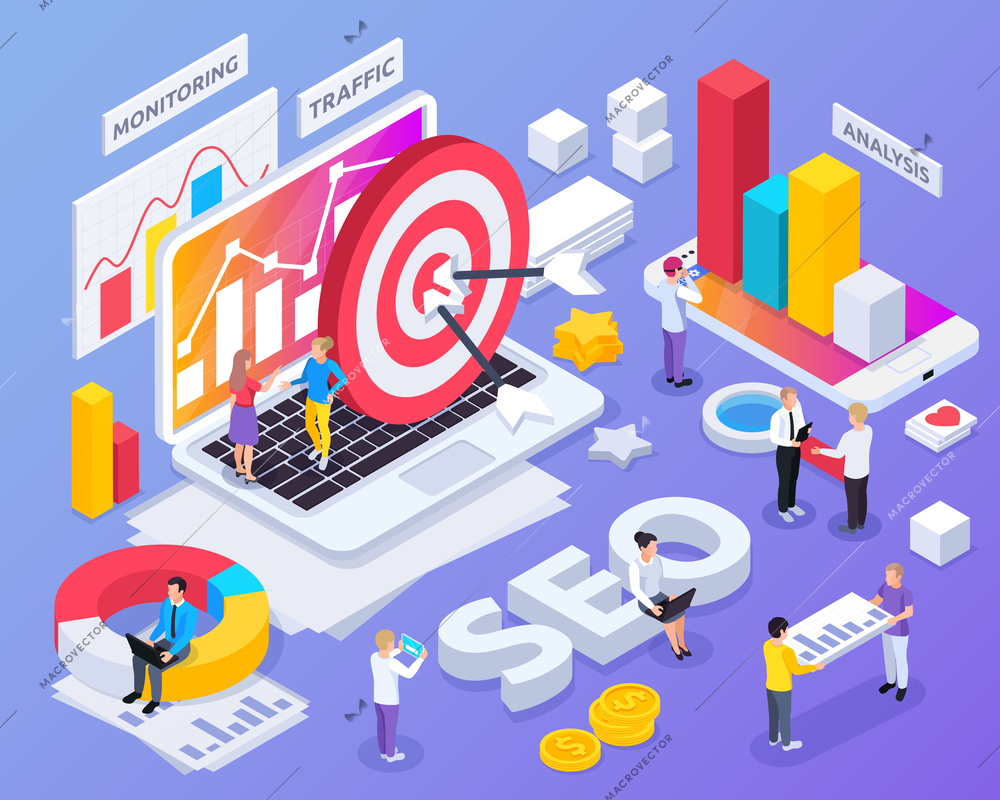 SEO isometric concept with monitoring and traffic symbols isolated vector illustration