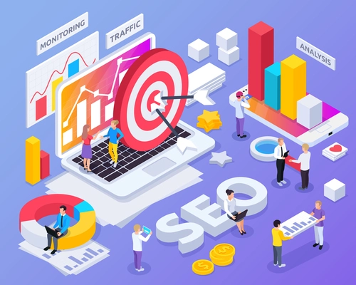 SEO isometric concept with monitoring and traffic symbols isolated vector illustration