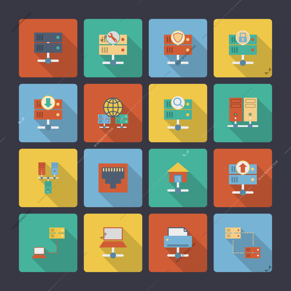 Hosting computer network flat icons set with computer technology elements isolated vector illustration