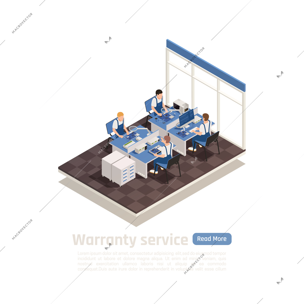 Warranty service isometric vector illustration with expert group in office interior working with damage devices at their work place