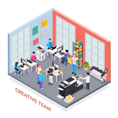 Printing house isometric concept with creative team and press industry symbols vector illustration