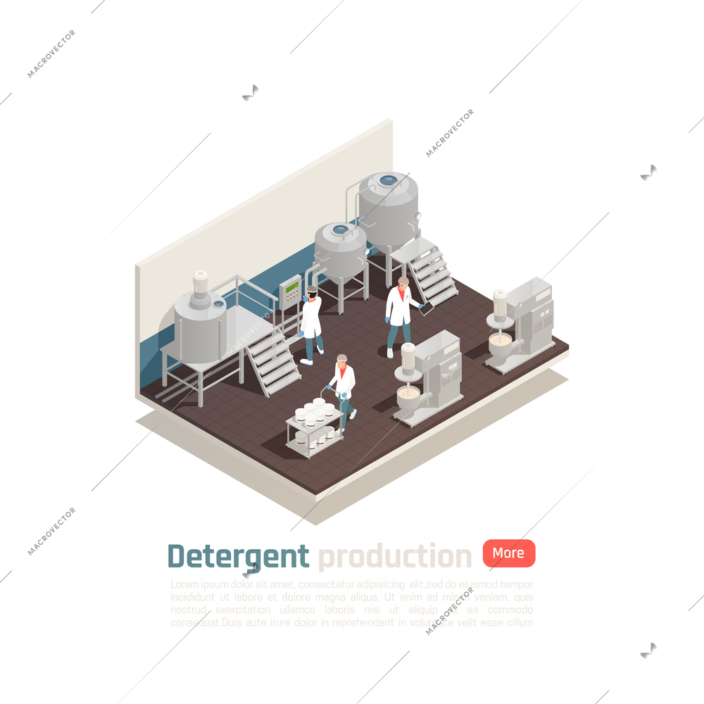 Detergent production isometric composition with staff  in white uniform controlling working process on cosmetics factory vector illustration