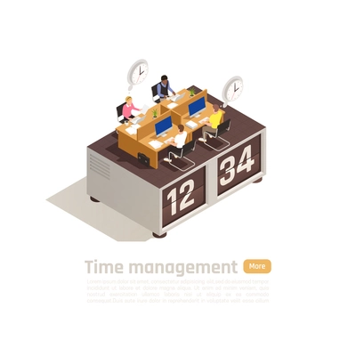 Time management isometric business concept for web page design with group of employees working on big clock vector illustration
