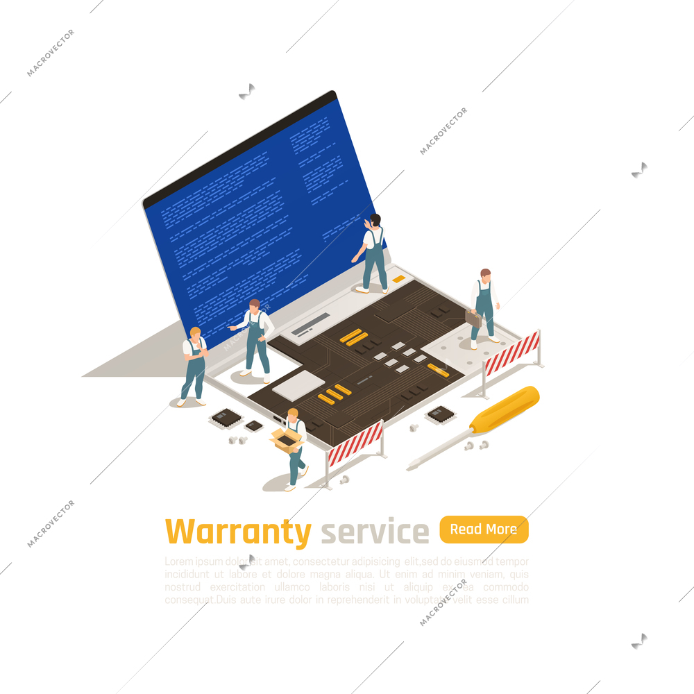 Warranty service isometric design concept with small figurines of technicians making repair of big laptop vector illustration