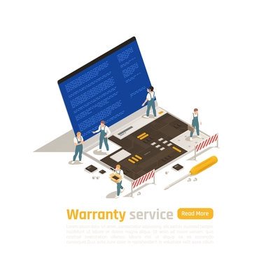 Warranty service isometric design concept with small figurines of technicians making repair of big laptop vector illustration