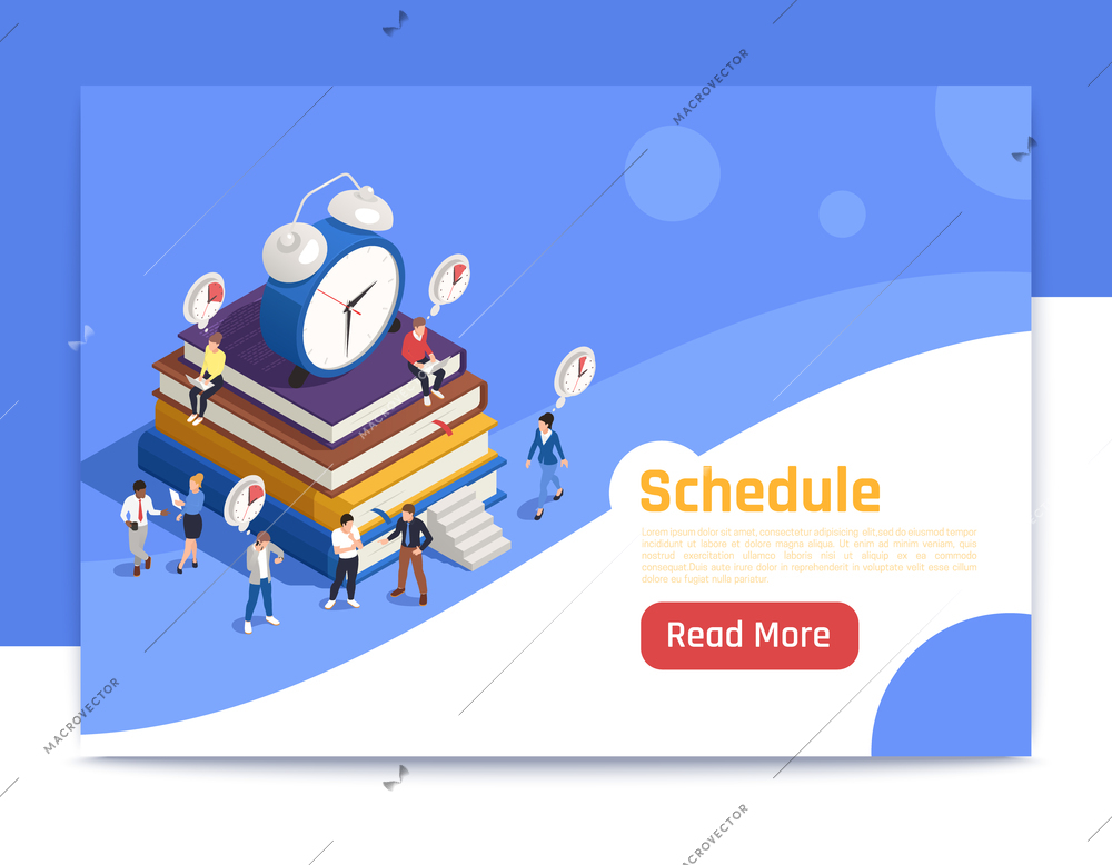 Schedule isometric landing page with big alarm clock icon and people planning routine work vector illustration