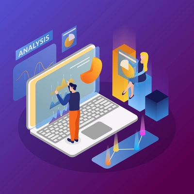 Computer data analysis interface  isometric background composition with analytic on laptop interacting with  touchscreen display vector illustration