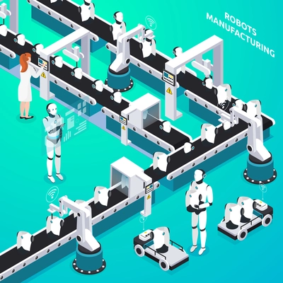 Home robots automated manufacturing line with woman and humanoid operators controlling process isometric composition vector illustration