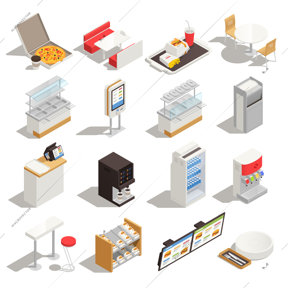 Fast food isometric set with elements of self service restaurant interior furniture equipment and menu isolated vector illustration