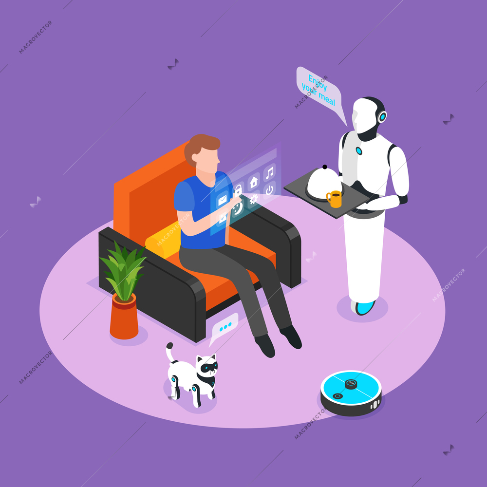 Humanoid robotic assistant controlled with holographic panel serves smart home resident meal isometric background composition vector illustration