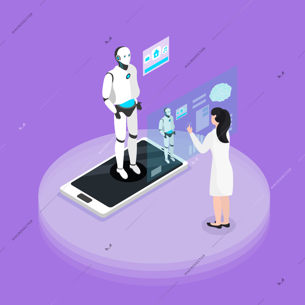 Human robot interaction experience with programmable platform isometric background composition with humanoid on smartphone screen vector illustration