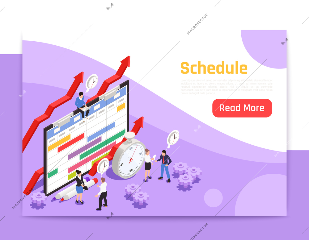 Time management landing page with alarm clock icon and people around big image of job schedule isometric vector illustration