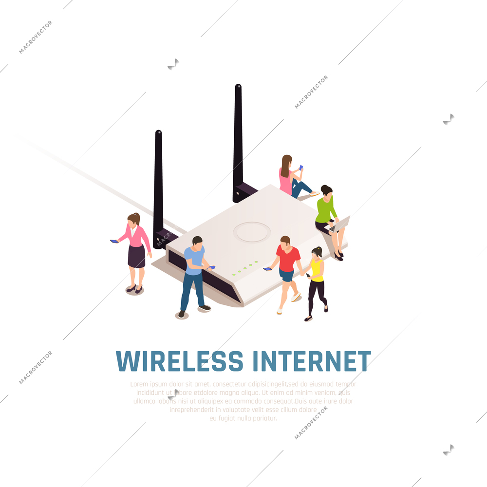 Wireless internet isometric composition with little people around big router connecting by smartphones vector illustration