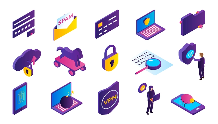 Hacking activity isometric icons set with hacker stealing information isolated on white background 3d vector illustration