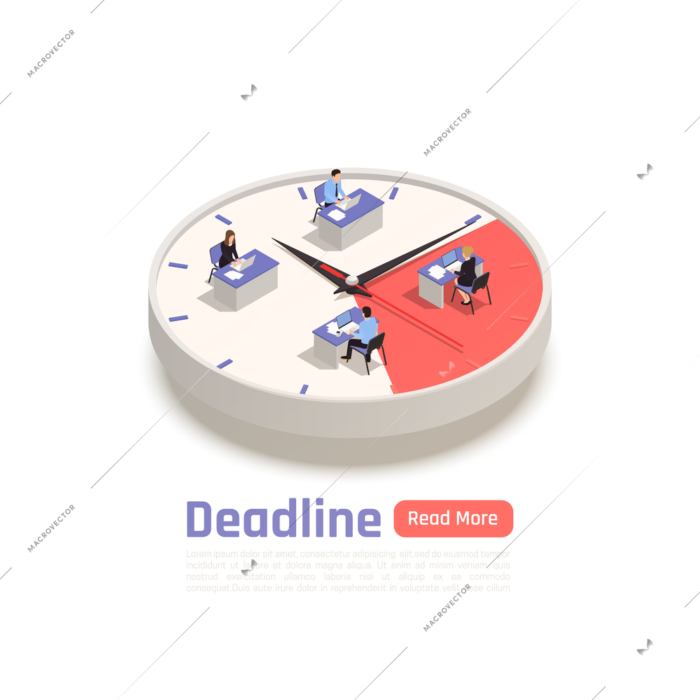 Deadline isometric design concept with team of employees sitting at their desks on big round clock vector illustration