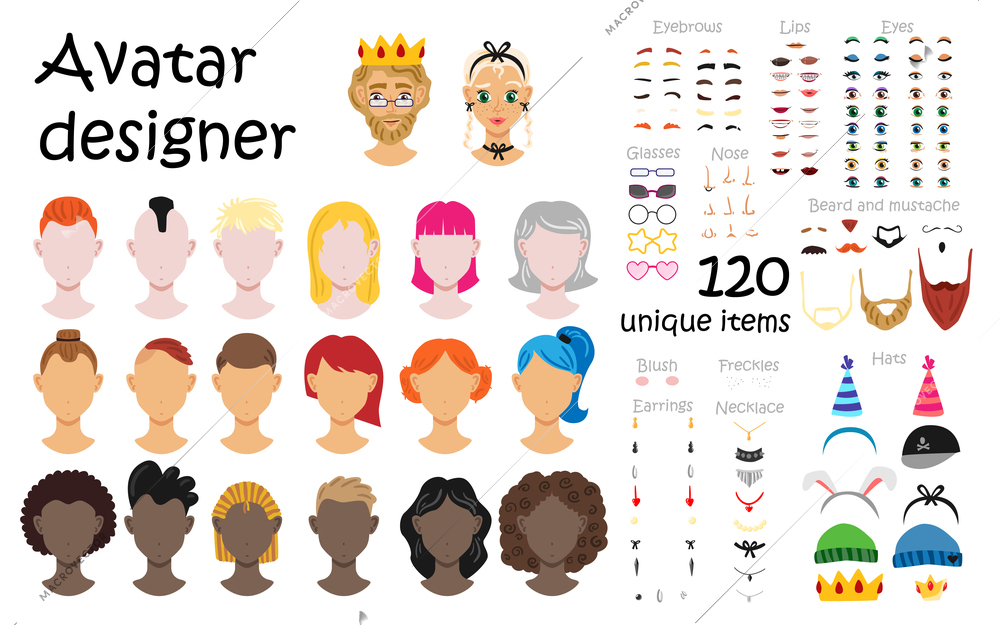 Avatar designer flat set of 120 unique items with  eyebrows hairstyle nose mouth eyes and accessories vector illustration