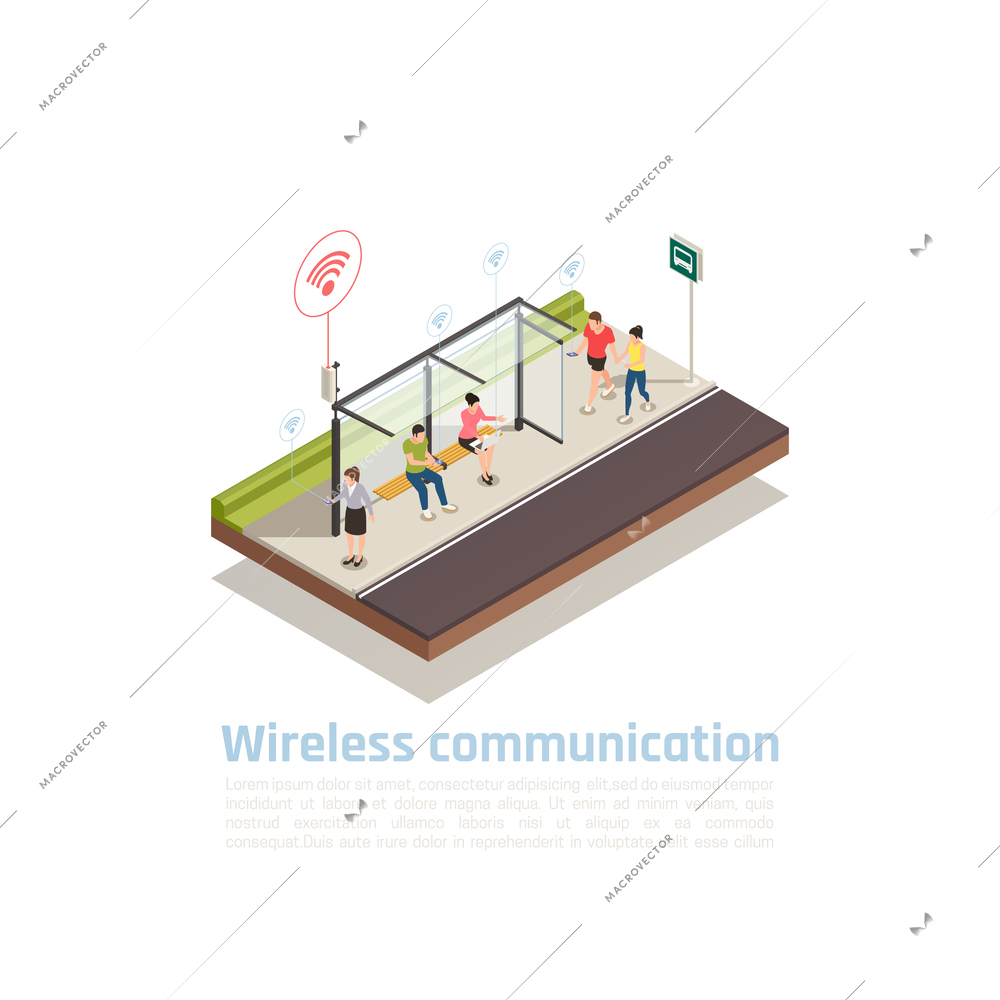 Wireless communication isometric composition with people using gadgets for internet connection at public transport stop equipped with wifi vector illustration