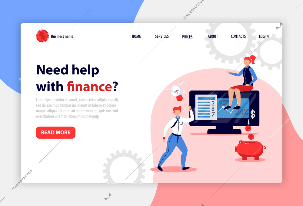 Accounting concept landing page offering professional help with finance problems flat vector illustration