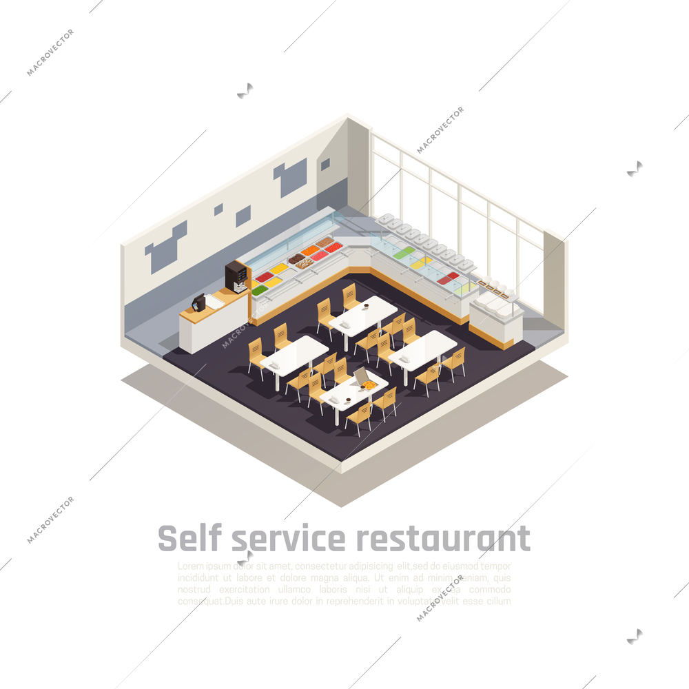 Self service restaurant isometric composition presented interior of cozy fast food eatery vector illustration