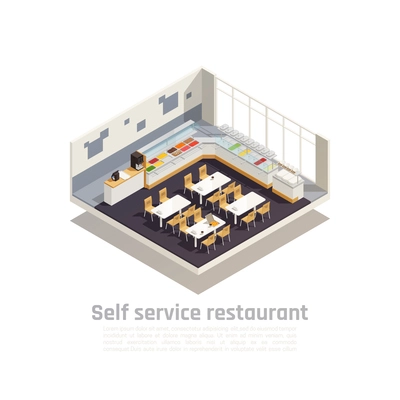 Self service restaurant isometric composition presented interior of cozy fast food eatery vector illustration