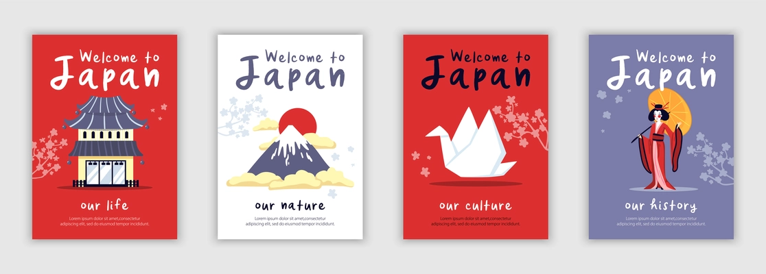 Four isolated posters on theme of japan life history culture nature cartoon vector illustration