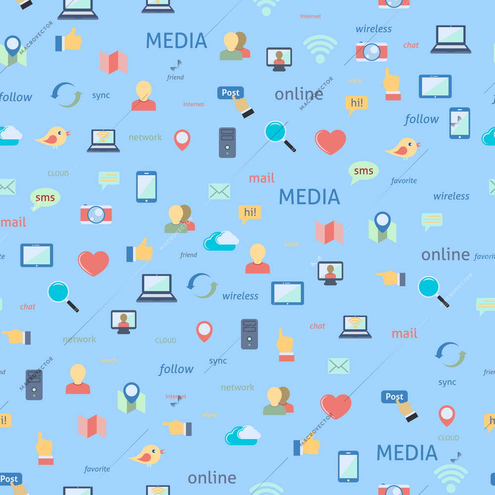 Seamless in flat style social network media icons pattern background vector illustration